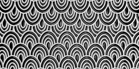Fish scale wallpaper. Asian traditional ornament with repeated scallops. Repeated white curves on black background. Seamless surface pattern design with semicircles. Grid motif. Digital paper. Vector.