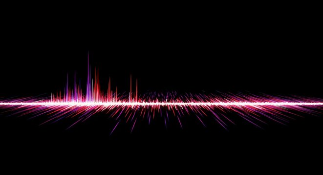 Digital visualization showing a flat, silent segment or an empty gap in an otherwise active sound pattern on a black or deep background, screen, null, pause - Powered by Adobe