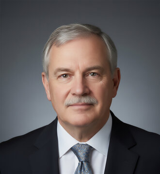 Professional corporate portrait of senior businessman with mustache wearing elegant black suit and blue tie on gray background executive headshot for leadership and career concept