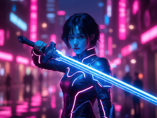 Cyberpunk female warrior with glowing blue katana sword in futuristic neon city street at night asian woman in high tech armor suit sci-fi cinematic action concept
