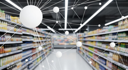 Blurred supermarket aisle with white sphere network connecting lines, showing a perspective view of shelves full of various products. Ideal for retail and distribution concepts.