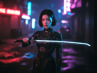 Cyberpunk female warrior in black techwear suit holding glowing katana sword in dark futuristic neon city street at night sci-fi action character cinematic portrait digital art
