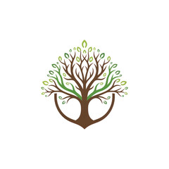 Fototapeta premium Stylized tree emblem with intertwining roots and budding leaves forming circular eco-logo.