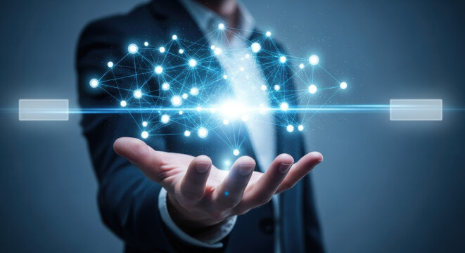A businessman in a suit holds a glowing network connection in his hand, symbolizing data transfer and digital technology against a dark blue backdrop. - Powered by Adobe