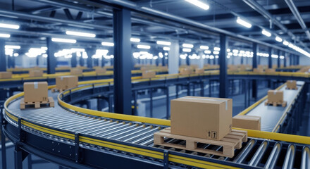 Automated conveyor belts transport cardboard boxes in a blue industrial warehouse, highlighting modern logistics and manufacturing in a facility.
