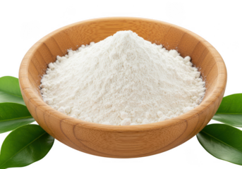 Pile of white powder in a wooden bowl isolated on transparent background