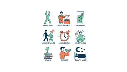 Obraz premium Collection of Icons Representing Health and Wellness Habits.