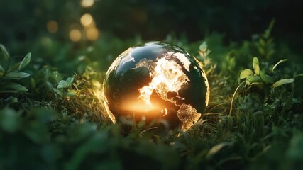 Glowing planet earth globe with continents and oceans on the forest background. Save the world, environment and ecology issues concept - Powered by Adobe