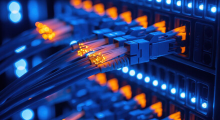 A close up shows illuminated blue fiber optic cables plugged into server ports, highlighting internet technology, communication and high speed data transfer.