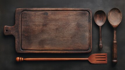 A wooden cutting board is placed on a dark surface. Beside it are two wooden spoons and a spatula. All items are ready for cooking and food preparation.