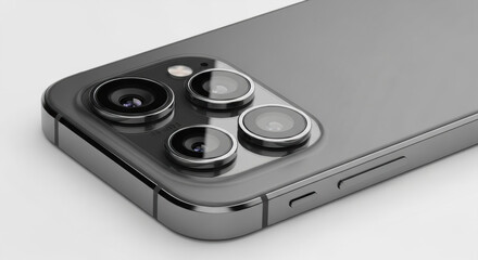 Fototapeta premium Detailed close up featuring a grey smartphone with a triple lens camera system on a white background emphasizing modern technology and sleek design.