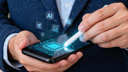 Business professional using digital technology for analytics and compliance on a mobile device with AI interface