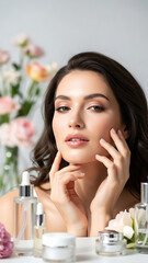 Radiant woman admiring healthy skin in serene morning beauty ritual