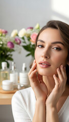 Radiant woman admiring healthy skin in serene morning beauty ritual
