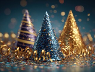 Dark blue background showcases metallic party hats with glowing confetti and golden ribbons, creating a festive and celebratory atmosphere for a special occasion.