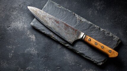 A kitchen knife is seen resting on a slate cutting board. The knife shows signs of use. The scene emphasizes kitchen tools and preparation activities.