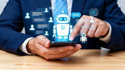 Businessman interacting with digital technology and analytics on mobile device, ensuring compliance in a modern office environment