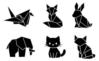 Fototapeta premium Geometric animal set featuring a crane, fox, rabbit, elephant, and two cats for modern design projects