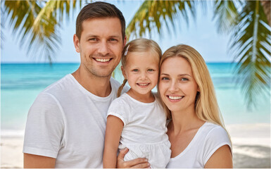 Happy young family with small daughter smiling on tropical beach palm trees turquoise ocean background summer vacation travel insurance concept