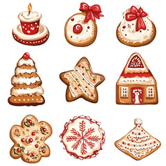 Collection of festive Christmas cookies decorated gingerbread and shortbread for holiday baking isolated on white background.