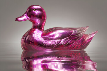 a shiny pink duck floating on top of a lake