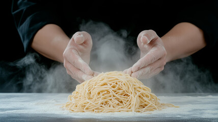 Chef hands shaping fresh pasta dough, flour dust rising, culinary skill, kitchen preparation