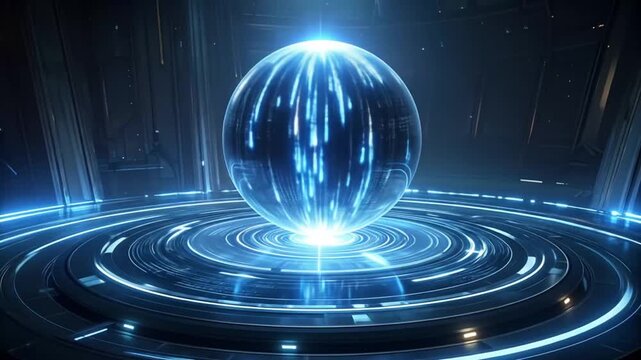 Futuristic Data Sphere with Glowing Light Trails and Rings