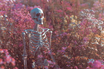 a skeleton in a field of flowers with a pink sky in the background