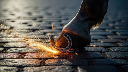 Dramatic Low Angle Close-up of Horseshoe Sparks on Cobblestone Street