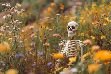 a skeleton in a field of flowers
