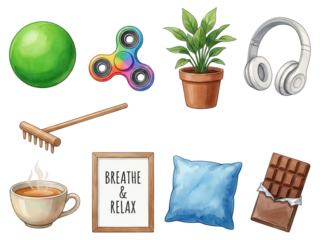 Watercolor Comfort and Relaxation: Fidget Spinner, Headphones, and Tea