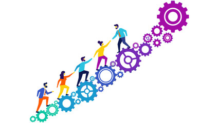 Illustration of diverse businesspeople working together on colorful interlocking gears in a corporate teamwork concept with a modern, graphic design style and a sense of collaboration and