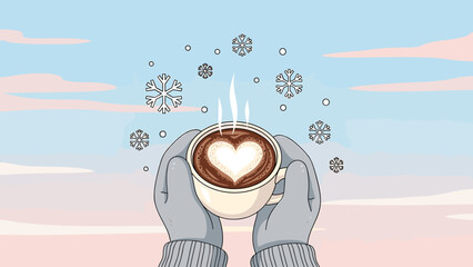 Gloved hands holding warm coffee with heart latte art and falling snowflakes, winter comfort and coziness