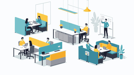 Obraz premium Illustration of people working in a modern office setting with cubicles and teamwork in progress.