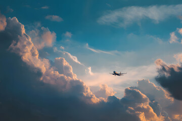a plane flying through a cloudy sky with a sun behind it
