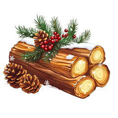 Christmas Yule log with pine cones holly berries and snow festive winter decoration for holiday season isolated on white background.