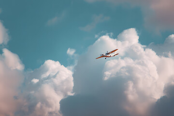 a small plane flying through a cloudy sky
