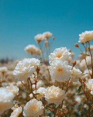Beautiful Field of White Roses in Full Bloom Against a Clear Blue Sky Showcasing Nature's Splendor and Serene Ambiance