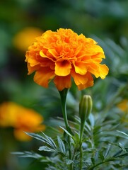 A Vibrant Marigold Blooming in a Lush Garden Setting with Soft Focus Background Enhancing Its Brightness and Glory