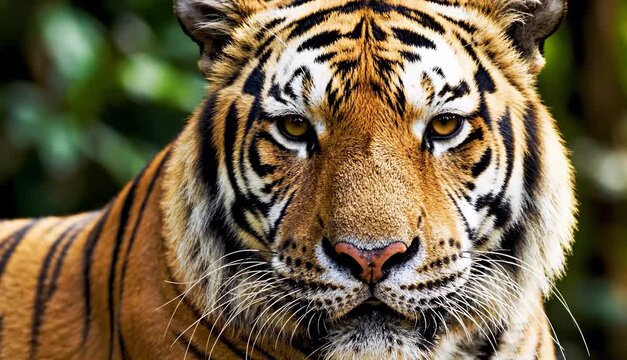 Close-up portrait of adult wild tiger head looking at camera, powerful predator big cat face