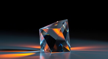 Abstract geometric crystal prism refracting vibrant colors into a dazzling spectral light pattern on a minimalist surface, shape, dynamic, crystal