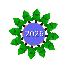2026 Year Concept Logo surrounded by stylized green pine trees forming a decorative circular wreath on a black background.