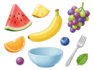 Watercolor Illustration of Fresh Fruit on White Background