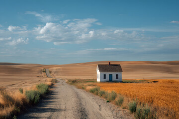 a small white house in a field of wheat