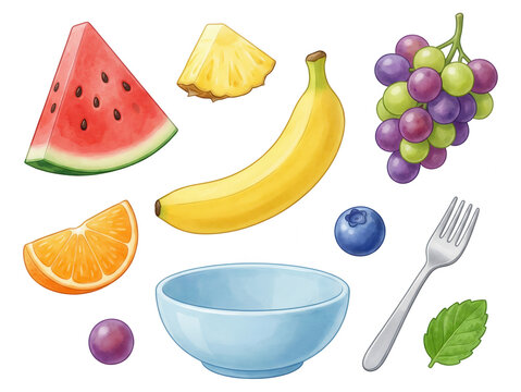 Watercolor Illustration of Fresh Fruit on White Background - Powered by Adobe