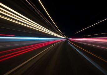 Abstract visualization of continuous forward progress with high-speed light trails on a dark background, illustrating unstoppable energy and drive, technology, business, abstract