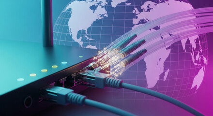 Close-up of fiber optic cables plugged into a router with a world map in the backdrop illuminated with pink and teal neon lights. High-speed internet and global connectivity concept.