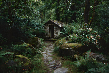 a small stone cabin in the woods with a path leading to it