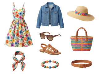 Summer Fashion Essentials: Floral Dress, Denim Jacket, Hat, and Stylish Accessories