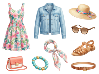 Watercolor Summer Outfit and Accessories Set